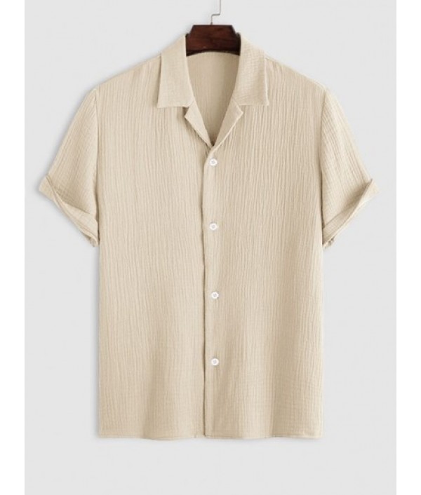 Men's Cotton And Linen Textured Wrinkle Short Sleeves Shirt And Soft Basic Drawstring Shorts Set