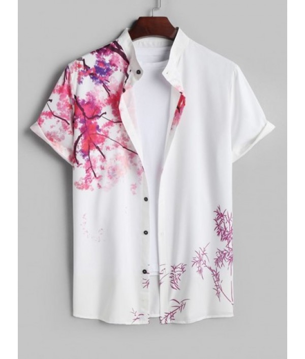 Men's Chinese Ink Wash Painting Plant Pattern Button Front Short Sleeves Shirt And Solid Color Basic Casual Bermuda Shorts Set Men's Chinese Ink Wash Painting Plant Pattern Button Front Short Sleeves Shirt And Solid Color Basic Casual Bermuda Shorts Set