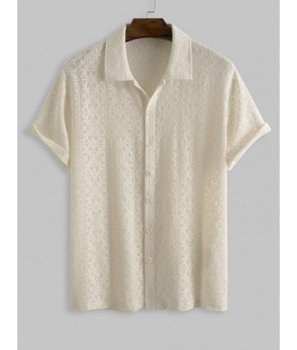 Men's Sexy Floral Jacquard See-through Lace Sheer Openwork Short Sleeves Shirt And Plaid Pattern Zip Fly Casual Pants Set