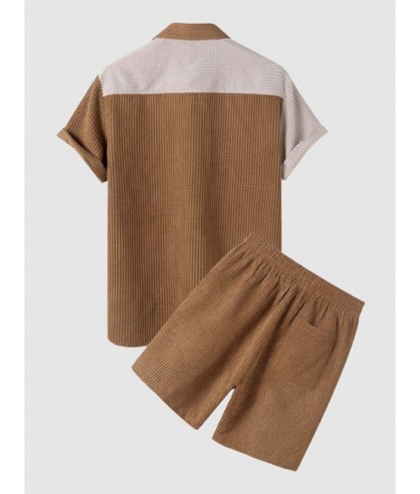 Colorblock Front Pocket Corduroy Short Sleeves Shirt And Drawstring Shorts Set