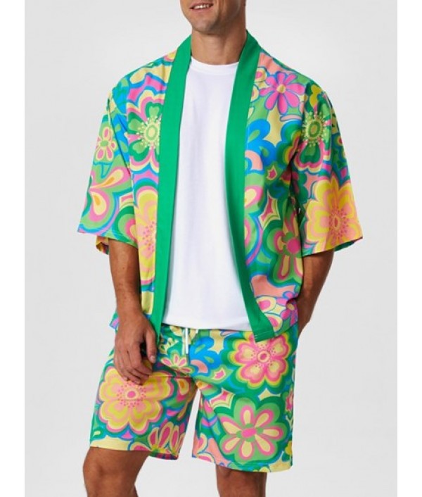 Colorful Floral Pattern Open Front Kimono With Vacation Beach Shorts Set