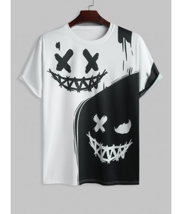 Men's Evil Smile Face Print Colorblock Two Tone Crew Neck Casual Short Sleeve T Shirt And Streetwear Cartoon Drawstring Board Shorts Set Men's Evil Smile Face Print Colorblock Two Tone Crew Neck Casual Short Sleeve T Shirt And Streetwear Cartoon Drawstring Board Shorts Set