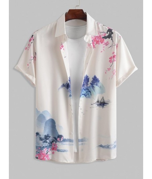 Landscape Painting Oriental Short Sleeves Shirt With Basic Casual Shorts Set