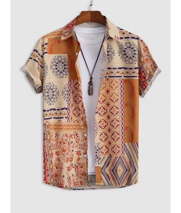 Retro Floral Print Patternblock Beach Vacation Shirt And Basic Casual Shorts Set Retro Floral Print Patternblock Beach Vacation Shirt And Basic Casual Shorts Set