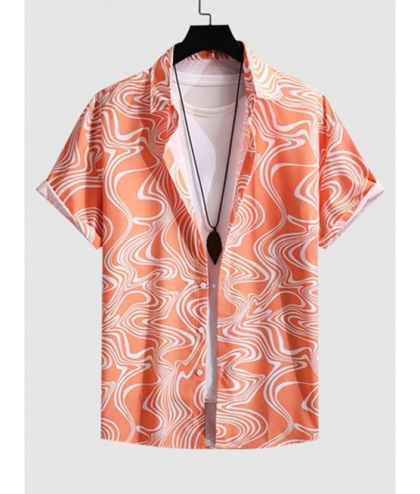 Men's Casual Water Wave Pattern Short Sleeves Button Front Vacation Beach Shirt And Basic Shorts Set Men's Casual Water Wave Pattern Short Sleeves Button Front Vacation Beach Shirt And Basic Shorts Set