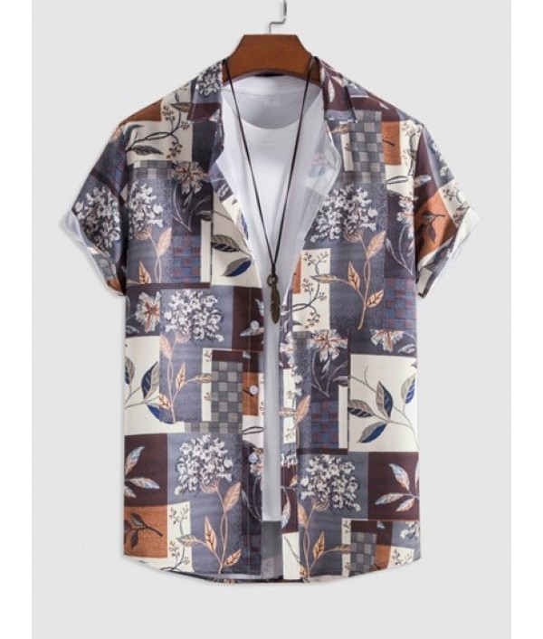 Men's Leaves Floral Plaid Printed Button Front Short Sleeves Vacation Shirt And Basic Casual Shorts Set