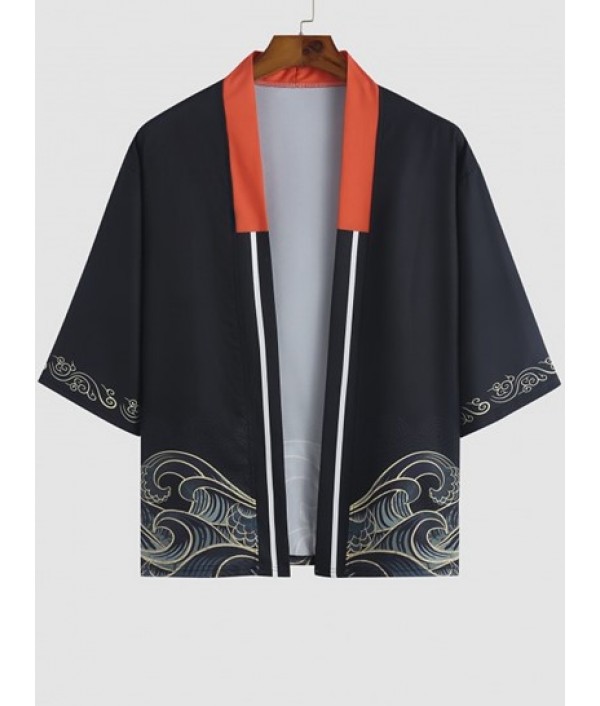 Sea Waves Print Colorblock Collar Kimono With Vacation Beach Shorts Set Sea Waves Print Colorblock Collar Kimono With Vacation Beach Shorts Set
