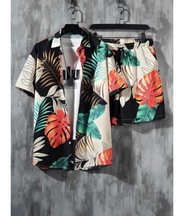Men's Tropical Palm Leaves Printed Short Sleeves Button Front And Drawstring Shorts Vacation Set Men's Tropical Palm Leaves Printed Short Sleeves Button Front And Drawstring Shorts Vacation Set