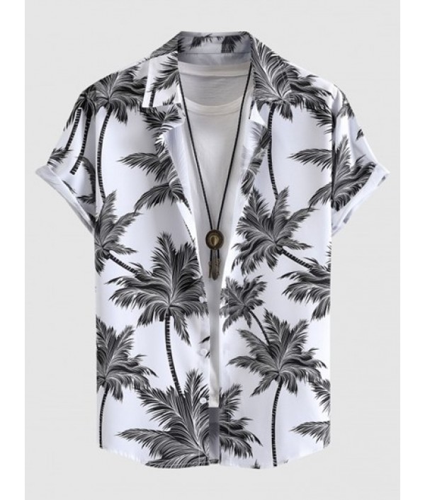 Coconut Tree Print Short Sleeve Hawaiian Shirt And Multi-pockets Cargo Ninth Pants Set