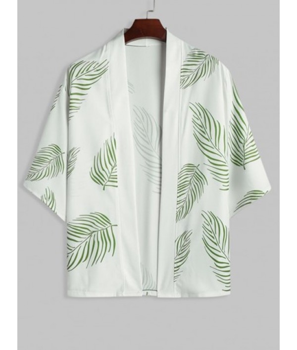 Tropical Palm Leaves Print Beach Kimono And Pocket Drawstring Beach Shorts Two Pieces Set Tropical Palm Leaves Print Beach Kimono And Pocket Drawstring Beach Shorts Two Pieces Set