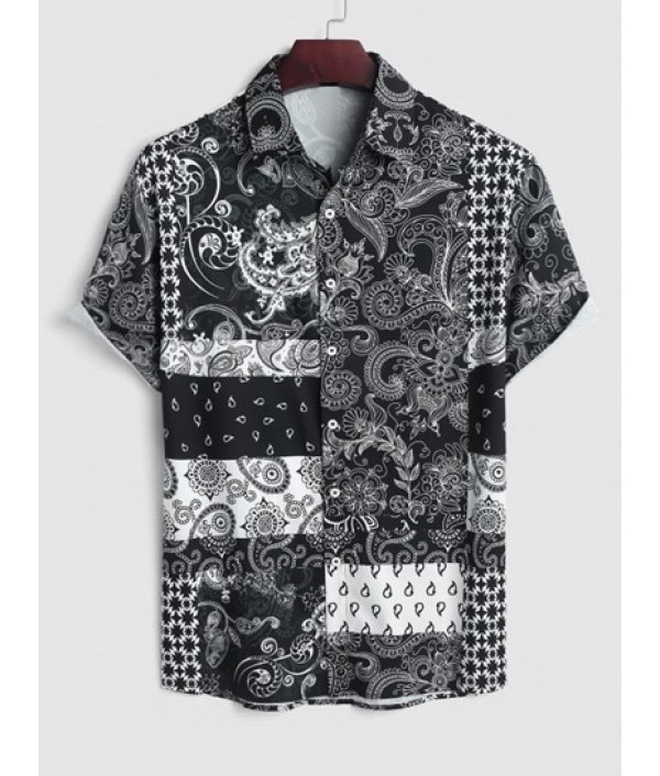 Men's Beach Vacation Ethnic Paisley Floral Patchwork Print Button Up Short Sleeve Shirt And Drawstring Pocket Bermuda Shorts Set