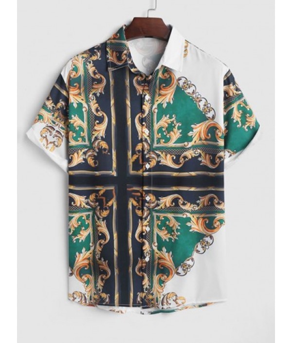 Men's Ethnic Style Printed Button Up Short Sleeves Summer Vacation Shirt And Beach Drawstring Pockets Board Shorts Set Men's Ethnic Style Printed Button Up Short Sleeves Summer Vacation Shirt And Beach Drawstring Pockets Board Shorts Set