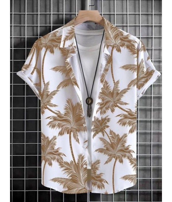 Coconut Tree Print Hawaiian Shirt With Cotton And Linen Textured Shorts Set