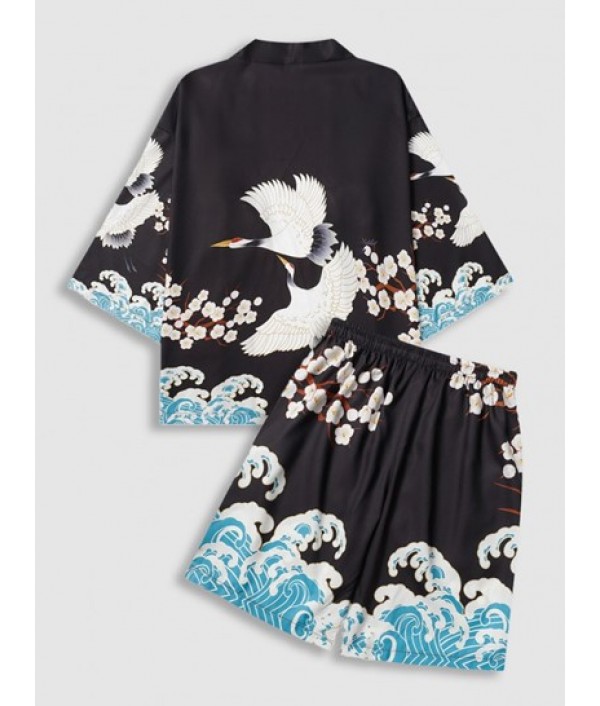 Sea Waves And Flower Print Kimono With Shorts Two Piece Set Sea Waves And Flower Print Kimono With Shorts Two Piece Set