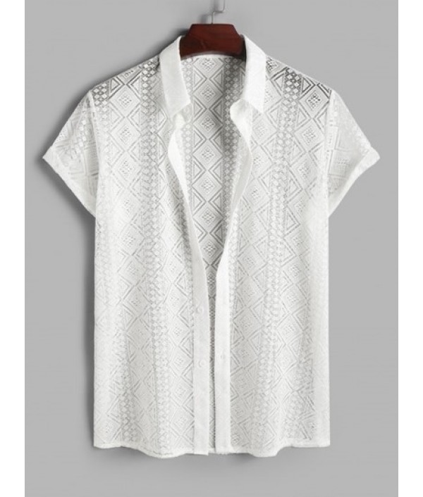 Geometric Pattern Sheer Openwork Shorts And Shirt Two Piece Set Geometric Pattern Sheer Openwork Shorts And Shirt Two Piece Set