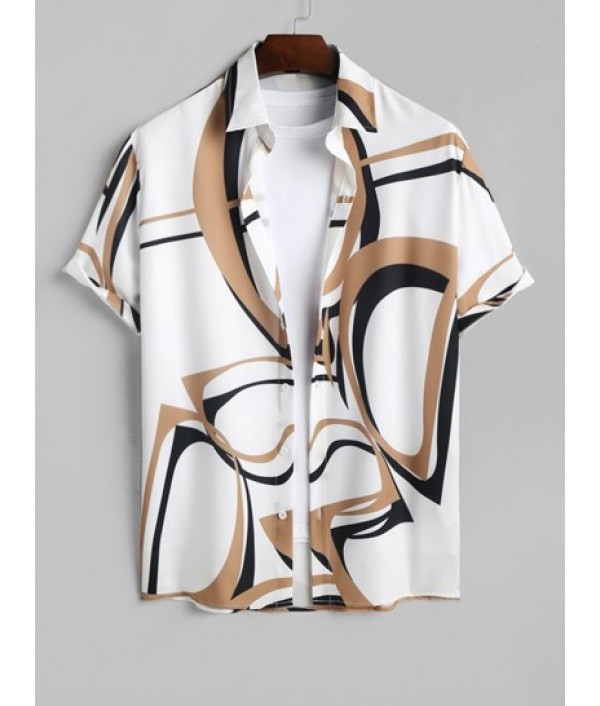 Men's Casual Abstract Geo Print Button Up Short Sleeves Shirt And Basic Casual Shorts Set