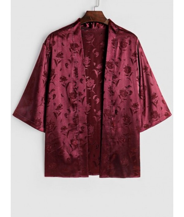 Men's Two Piece Outfits Silky Satin Rose Printed Open Front Kimono Shirt And Casual Shorts Set Men's Two Piece Outfits Silky Satin Rose Printed Open Front Kimono Shirt And Casual Shorts Set