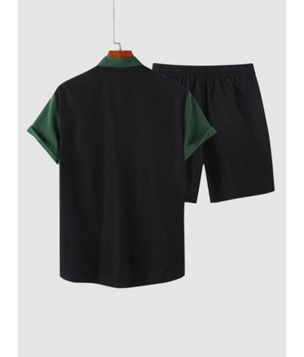 Short Sleeves Colorblock Shirt With Drawstring Shorts Two Piece Set