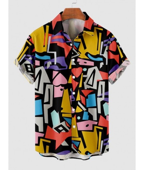 Colorful Geometric Printed Button Up Shirt And Basic Casual Shorts Set