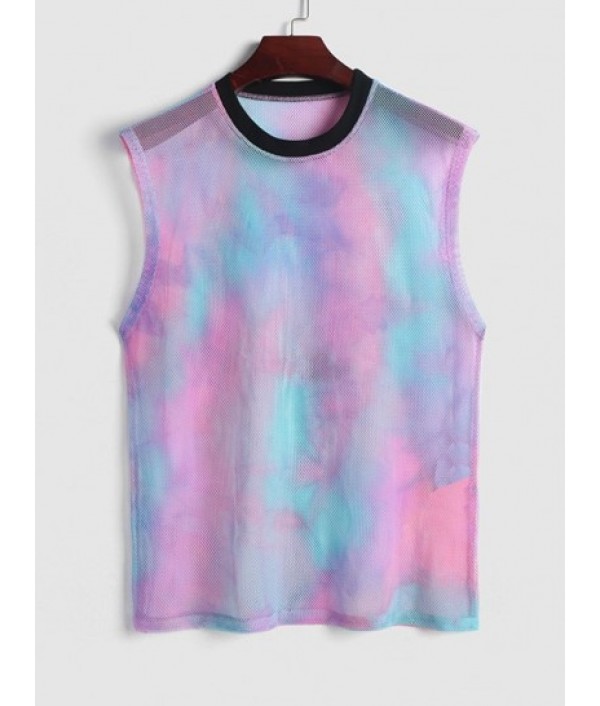 Men's See-through Loose Tie Dye Sheer Mesh Sleeveless Tank Top And Letter Pattern Multi-pockets Design Drawstring Cargo Shorts Set Men's See-through Loose Tie Dye Sheer Mesh Sleeveless Tank Top And Letter Pattern Multi-pockets Design Drawstring Cargo Shorts Set