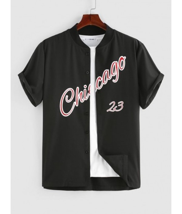 Men's Chicago Graphic Letter Print Short Sleeve Stand Collar Button Up Casual Baseball Shirt And Drawstring Sweat Shorts Sports Set Men's Chicago Graphic Letter Print Short Sleeve Stand Collar Button Up Casual Baseball Shirt And Drawstring Sweat Shorts Sports Set
