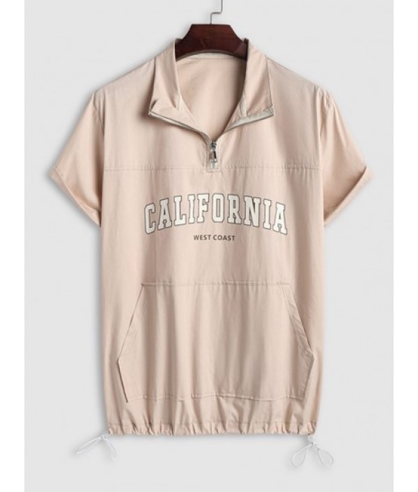 Men's CALIFORNIA WEST COAST Letter Printed Quarter Zip Kangaroo Pocket Design Drop Shoulder Short Sleeves Shirt And Drawstring Hem Shorts Cargo Set