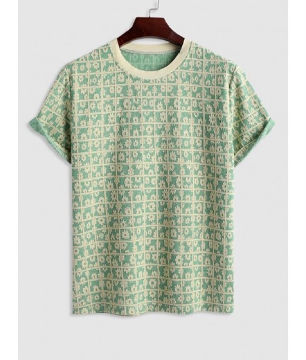 Men's Casual Athleisure Floral Checks Jacquard Textured Crew Neck Short Sleeves T Shirt Drawstring Shorts Two Piece Set