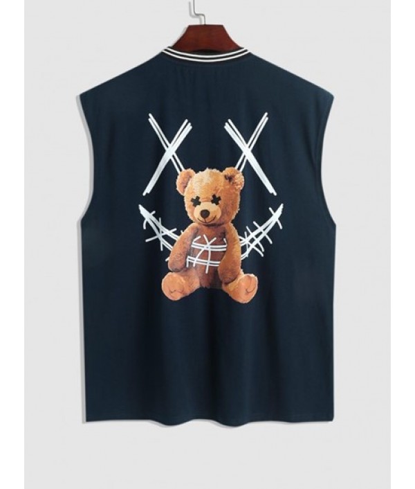 Men's Rib Collar Smile Face Cartoon Bear Sleeveless T Shirt Summer Tank Top And Letter Pattern Multi-pockets Design Drawstring Cargo Shorts Men's Rib Collar Smile Face Cartoon Bear Sleeveless T Shirt Summer Tank Top And Letter Pattern Multi-pockets Design Drawstring Cargo Shorts