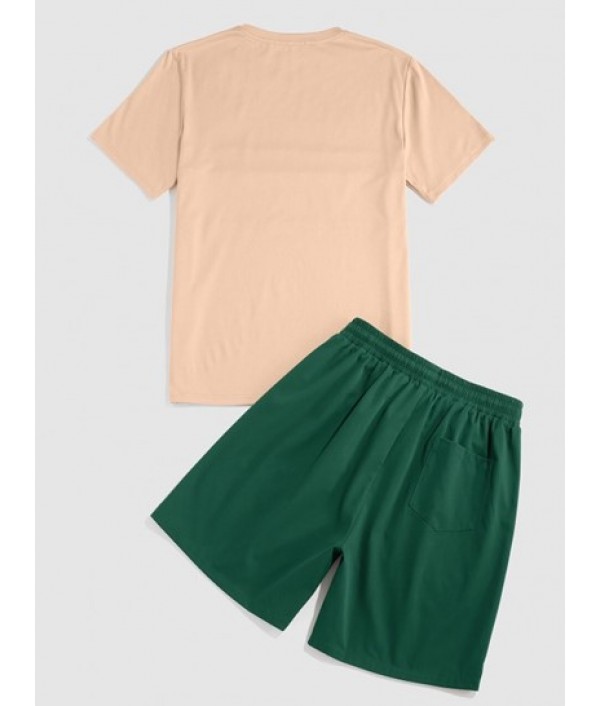 Colorblock T-shirt And Drawstring Shorts Set