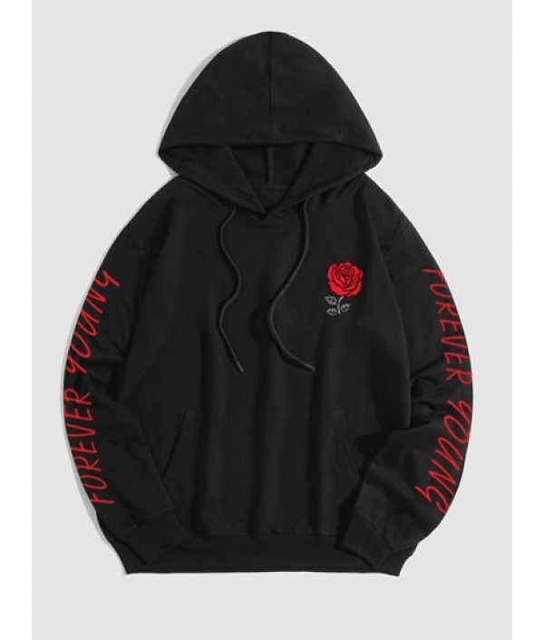 Letter And Rose Printed Pullover Hoodie And Drawstring Jogger Pants Set Outfit