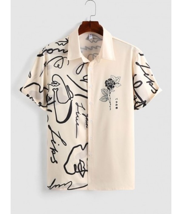 Two Tone Graffiti Rose Printed Shirt And Letter Print Cargo Jogger Pants Set