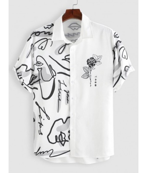 Graffiti Rose Print Shirt And Drawstring Casual Shorts Two Piece Set Graffiti Rose Print Shirt And Drawstring Casual Shorts Two Piece Set