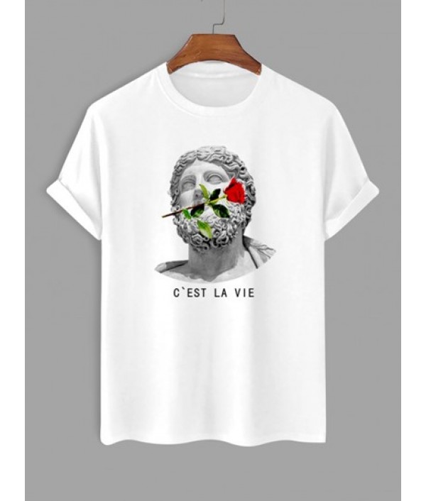 2Pcs Sculpture Floral Rose Printed T-shirt And C'EST LA VIE Drawstring Shorts Set