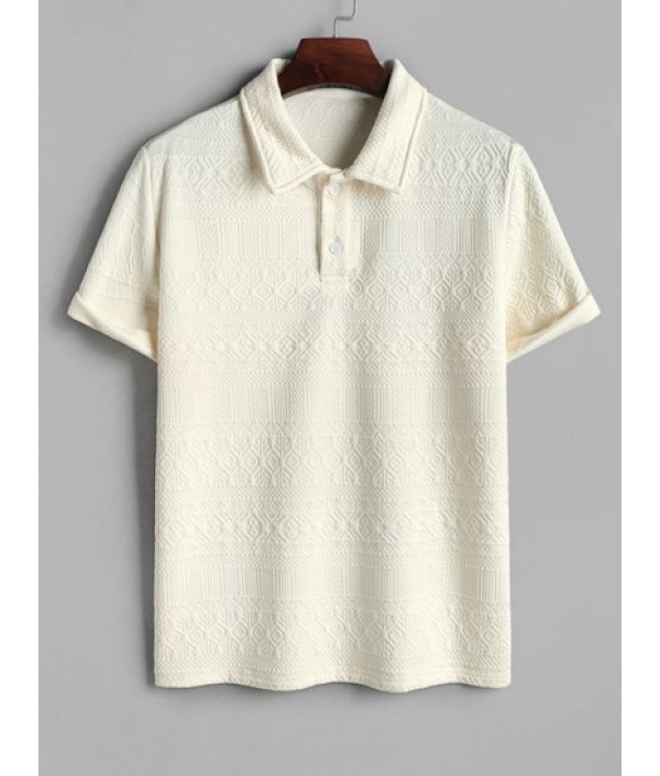 Geometric Retro Jacquard Textured Quarter Button Short Sleeves Polo Collared T Shirt And Shorts Set