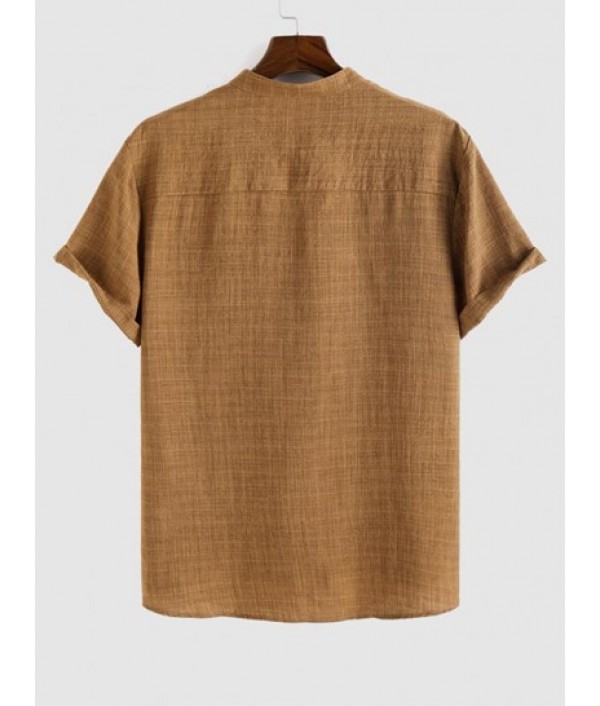 Men's Casual Plain Color Front Pocket Notch Neck Short Sleeves Pullover Shirt And Beading Drawstring Vertical Striped Vacation Ramie Pants Set Men's Casual Plain Color Front Pocket Notch Neck Short Sleeves Pullover Shirt And Beading Drawstring Vertical Striped Vacation Ramie Pants Set