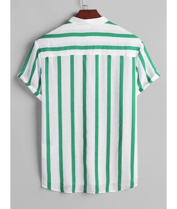 Men's Vertical Striped Button Placket Stand Collar Popover Shirt And Solid Color Basic Casual Drawstring Shorts Set Men's Vertical Striped Button Placket Stand Collar Popover Shirt And Solid Color Basic Casual Drawstring Shorts Set