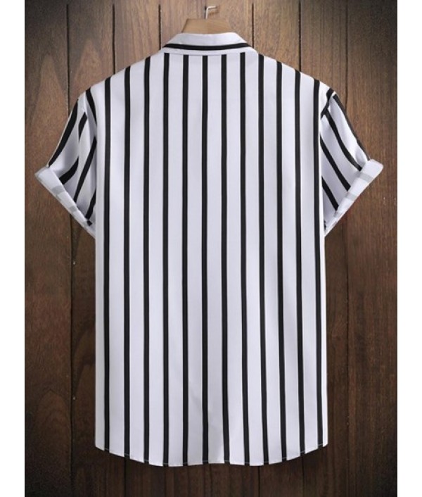 Striped Short Sleeves Shirt And Drawstring Shorts Set