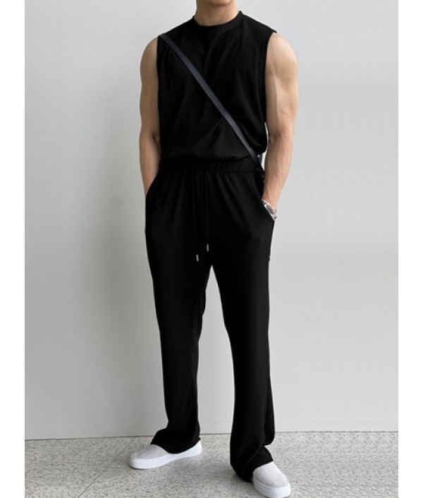 Men's Casual Basic Two Piece Set Solid Color Crew Neck Ribbed Textured Plain Tank Top Sleeveless T Shirt Drawstring Pants Set Men's Casual Basic Two Piece Set Solid Color Crew Neck Ribbed Textured Plain Tank Top Sleeveless T Shirt Drawstring Pants Set