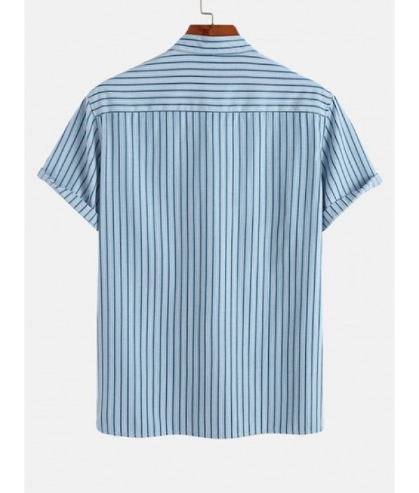 Men's Mix And Match Two Piece Set Stand Collar Vertical Striped Half Buttons Short Sleeves Pullover Shirt With Solid Color Basic Shorts Set Men's Mix And Match Two Piece Set Stand Collar Vertical Striped Half Buttons Short Sleeves Pullover Shirt With Solid Color Basic Shorts Set