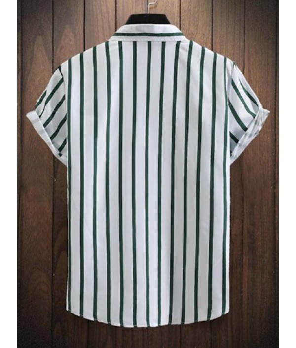 Button Up Striped Shirt And Label Design Drawstring Shorts Set