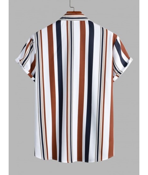 Vertical Mixed Stripes Button Up Shirt And Basic Casual Shorts Set Vertical Mixed Stripes Button Up Shirt And Basic Casual Shorts Set