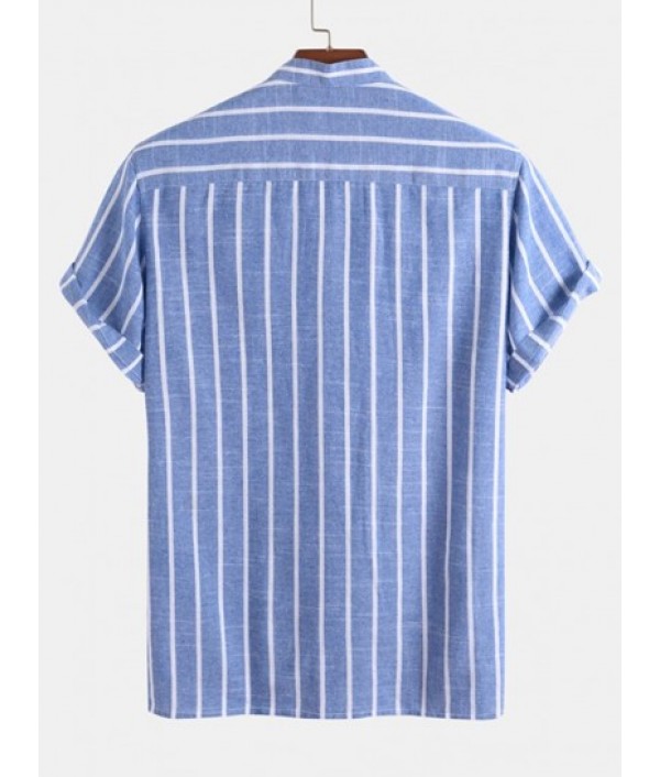 Men's Half Buttoned Casual Vertical Striped Office Pullover Shirt And Basic Casual Shorts Set Men's Half Buttoned Casual Vertical Striped Office Pullover Shirt And Basic Casual Shorts Set