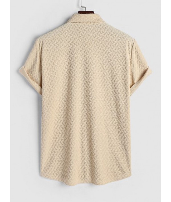 Men's Geometric Jacquard Terry Cloth Short Sleeves Casual Summer Shirt And Drawstring Pocket Plain Corduroy Textured Shorts Set