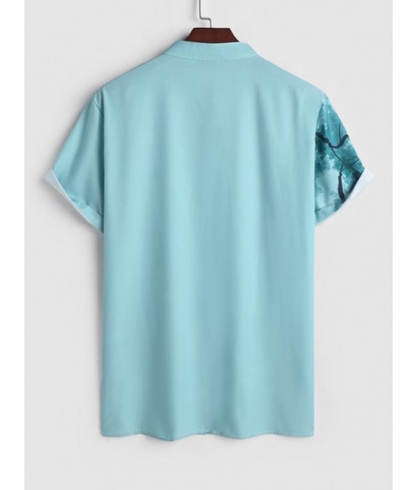 Men's Chinese Ink Wash Painting Plant Pattern Button Front Short Sleeves Shirt And Label Design Solid Color Drawstring Shorts Set Men's Chinese Ink Wash Painting Plant Pattern Button Front Short Sleeves Shirt And Label Design Solid Color Drawstring Shorts Set