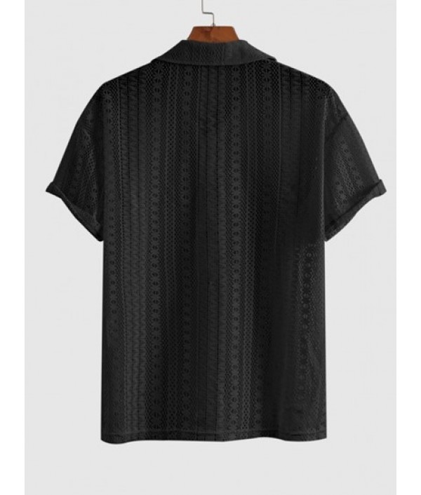 Men's Sexy Lace Sheer Openwork Short Sleeves Button Front Shirt And Basic Solid Color Drawstring Sweat Shorts Set Men's Sexy Lace Sheer Openwork Short Sleeves Button Front Shirt And Basic Solid Color Drawstring Sweat Shorts Set