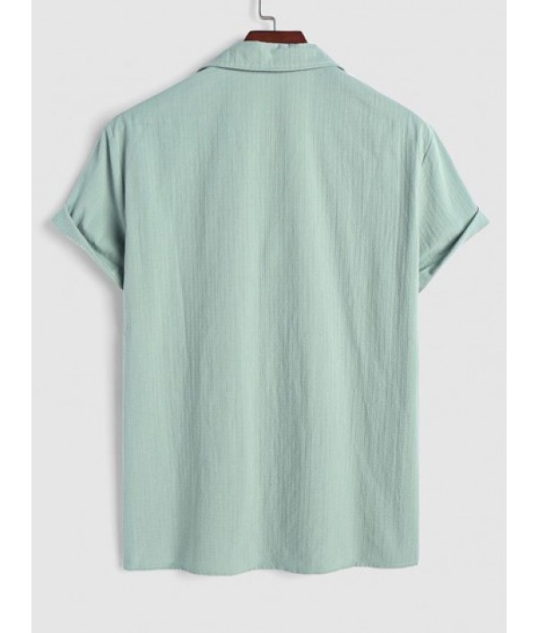 Men's Plain Color Jacquard Weave Cotton And Linen Textured Front Pocket Short Sleeves Shirt And Drawstring Pants Set Men's Plain Color Jacquard Weave Cotton And Linen Textured Front Pocket Short Sleeves Shirt And Drawstring Pants Set