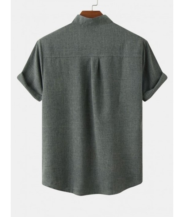 2Pcs Solid Color Stand Collar Short Sleeves Shirt Set