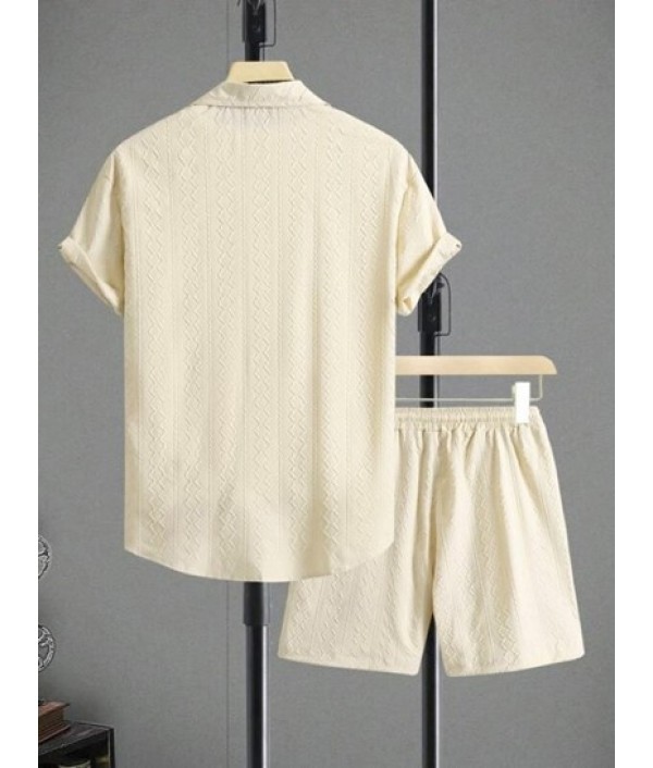 Men's Plain Color 3D Printed Raised Textured Button Front Short Sleeves Shirt And Drawstring Bermuda Shorts Set Men's Plain Color 3D Printed Raised Textured Button Front Short Sleeves Shirt And Drawstring Bermuda Shorts Set