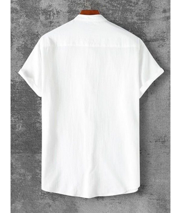 Men's Stand Collar Solid Color Buttons Short Sleeves High Low Casual Shirt And Basic Drawstring Linen Pants Set