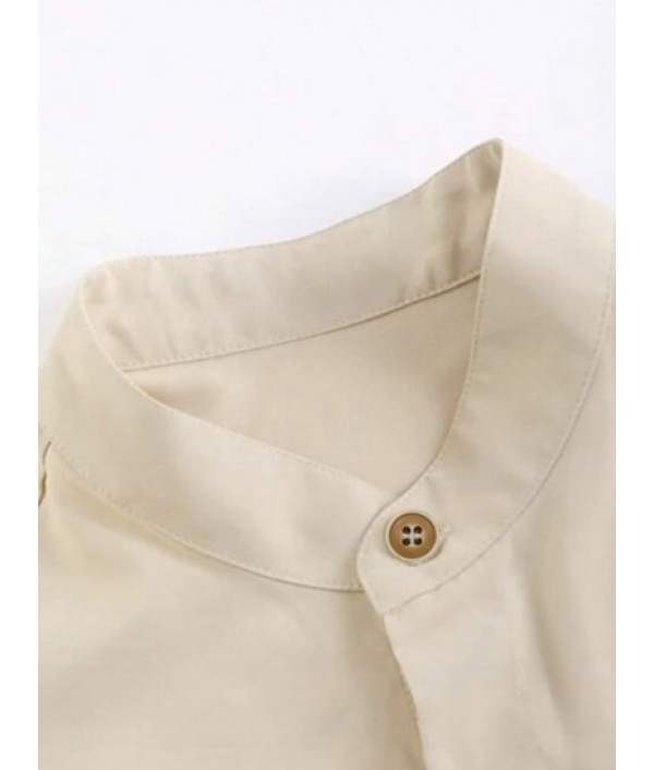 Men's Plain Color Stand Collar Button Front Short Sleeves Shirt And Drawstring Pants Casual Set Men's Plain Color Stand Collar Button Front Short Sleeves Shirt And Drawstring Pants Casual Set